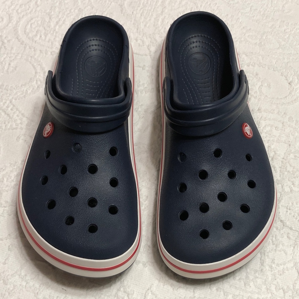 CROCS Crocband Clogs Size 12 Men Sandals Navy with Red & White Stripe